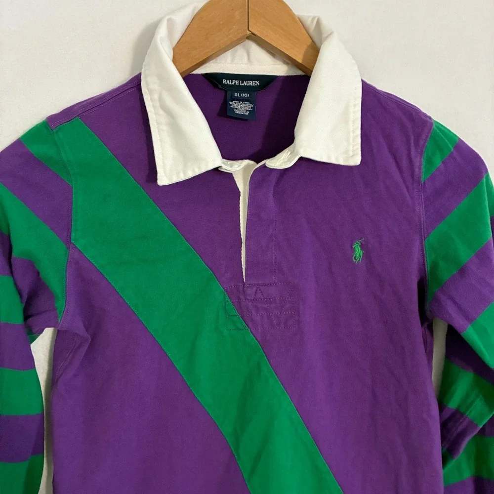 Vtg Ralph Lauren Rugby Polo Shirt Youth XL Striped Sash Pony Logo Preppy Golf